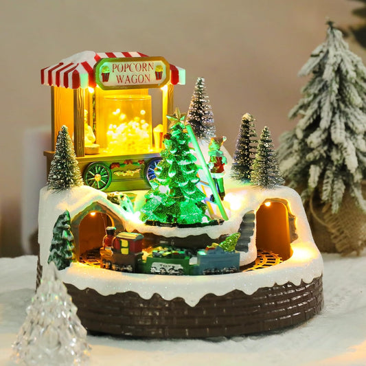 Afirst Christmas Village Houses - Lighted Musical Train Set with Popcorn Wagon & Rotating Xmas Tree | Indoor Display Decor