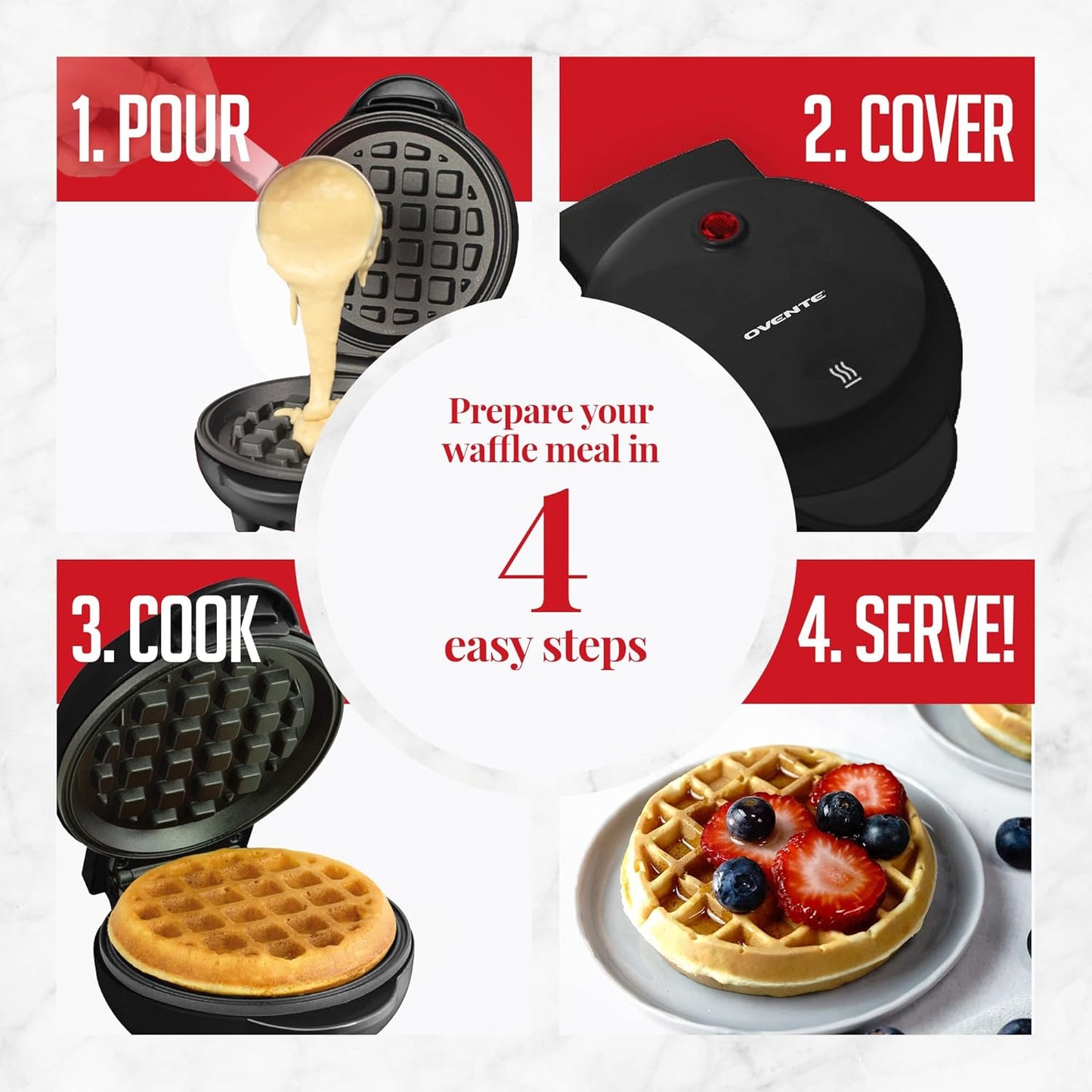 OVENTE Mini Waffle Maker - 4-Inch Non-Stick Chaffle Mold with Quick Heat-Up & Overheat Protection - Black WM215B