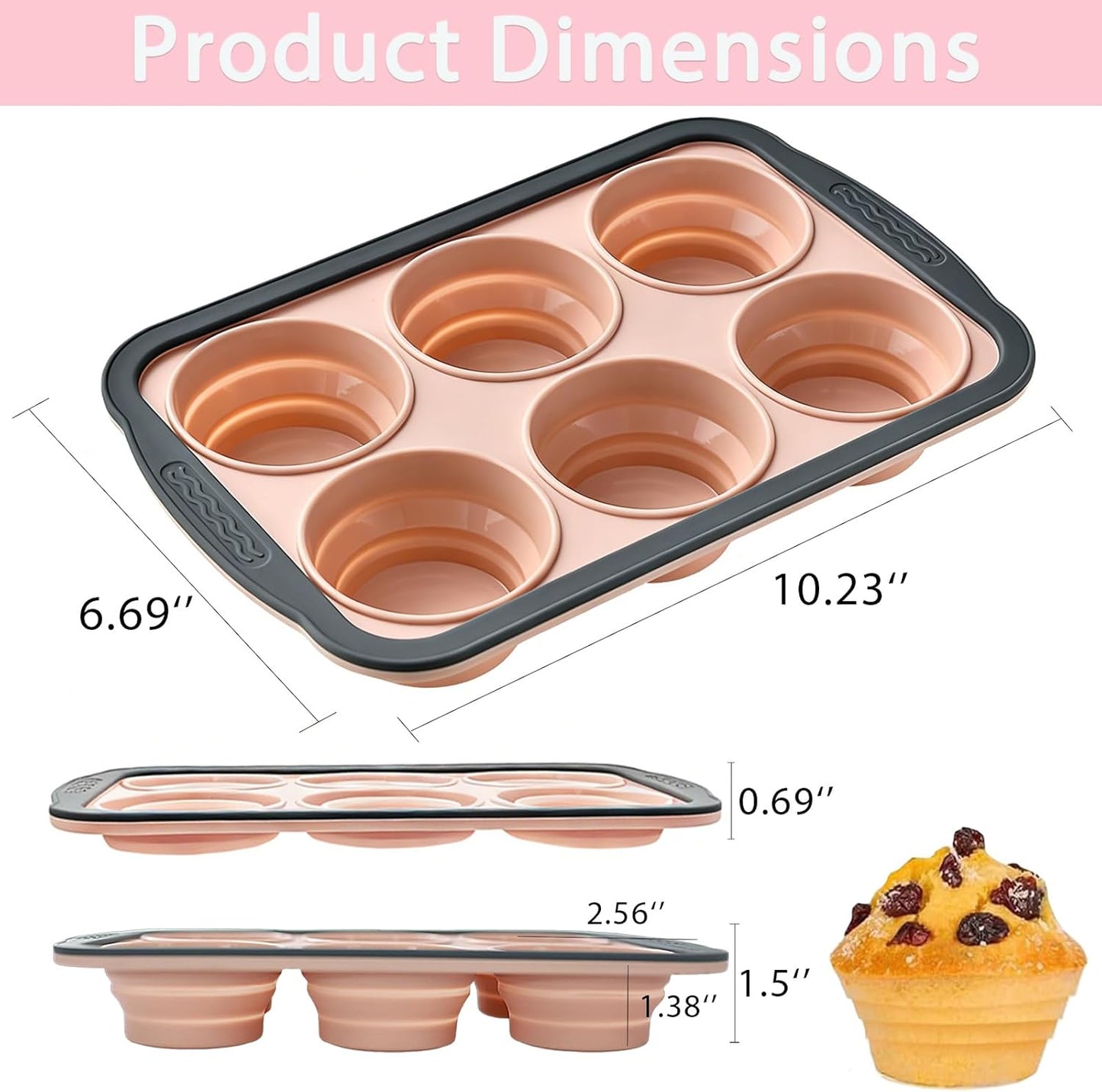 Skiennix Silicone Muffin Pan - Nonstick 6-Cavity Cupcake Mold with Metal Frame | Dishwasher Safe