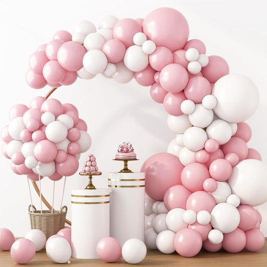 RUBFAC Latex Balloon Garland Kit - 129-Piece White & Pink Balloons for Baby Showers & Parties | 5-12 Inch Sizes