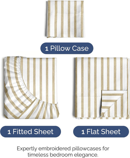 Skiennix Twin Size Sheet Set - Comfy Cooling Bedding with Deep Pockets - Soft, Wrinkle-Free Beige Stripes
