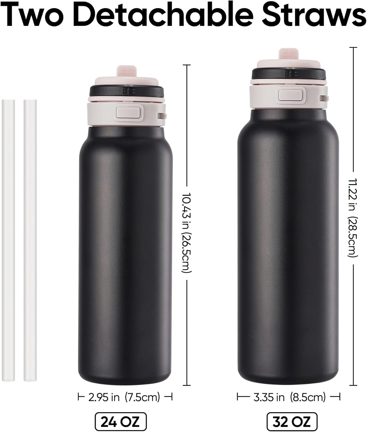 Skiennix 24 oz Insulated Water Bottle - 2-in-1 Stainless Steel with Straw & Spout | Leak Proof, Double Wall Design (Black)