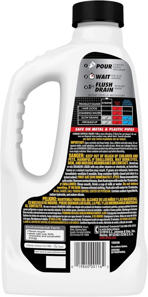 Drano Liquid Drain Clog Remover and Cleaner for Shower or Sink Drains Unclogs and Removes Hair Soap Scum Blockages, Multi, 32 Fl Oz