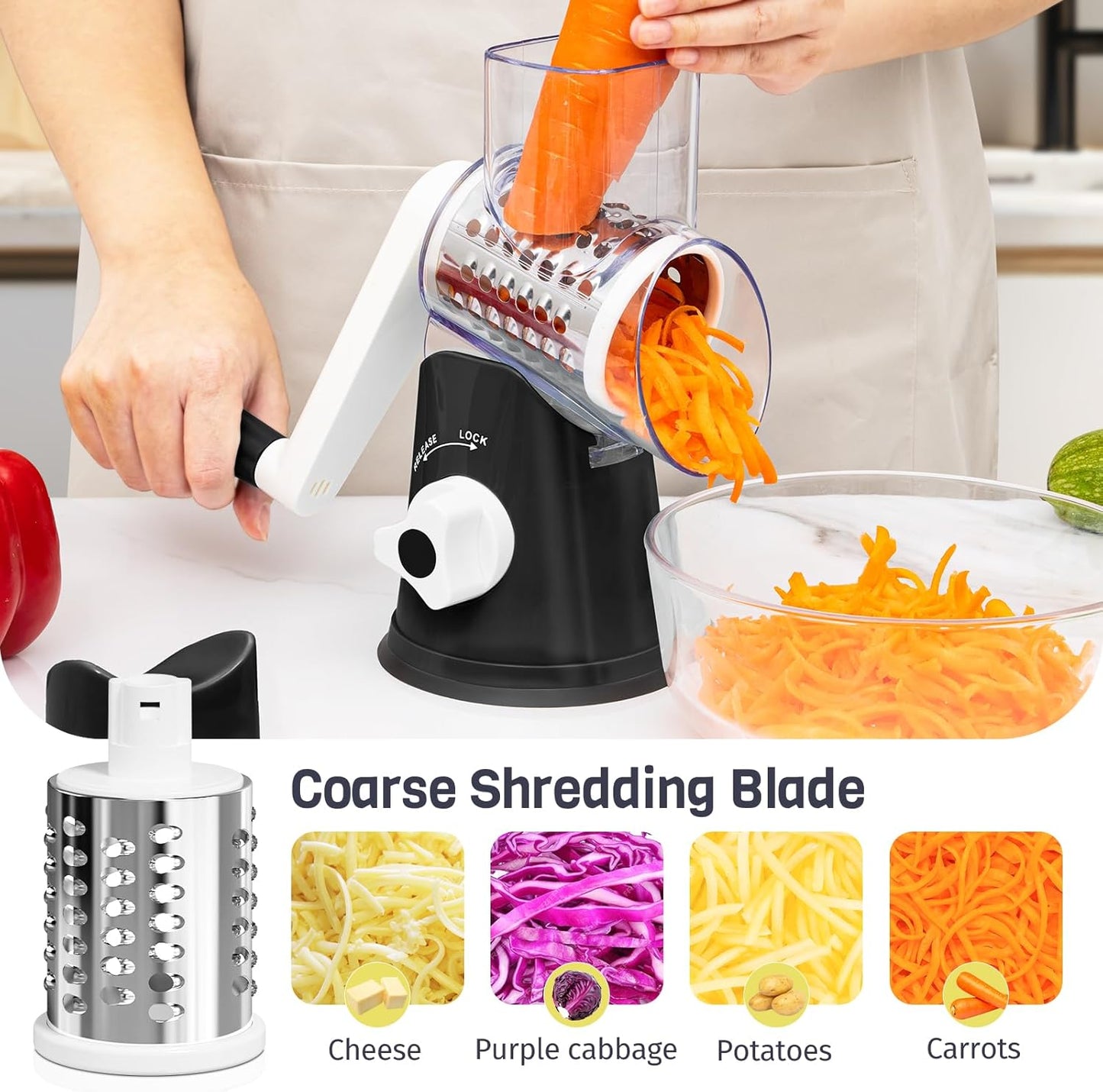 Rotary Cheese Grater - Hand Crank with 3 Interchangeable Blades | Strong Suction Base & No-Cut-Hands Design - Black