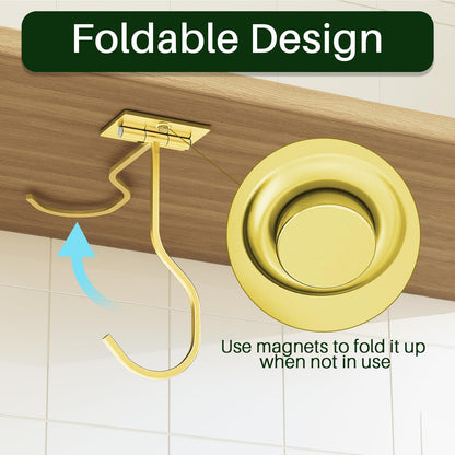 Skiennix Under Cabinet Banana Hook - Foldable Gold Metal Hanger for Kitchen & RV, Space-Saving Design