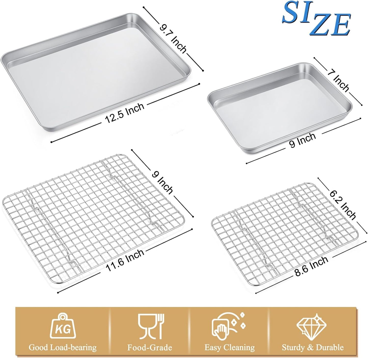 P&P CHEF Toaster Oven Pan Set - 12.5 & 9 Inch Stainless Steel Baking Tray with Cooling Rack | Dishwasher Safe & Non-Toxic