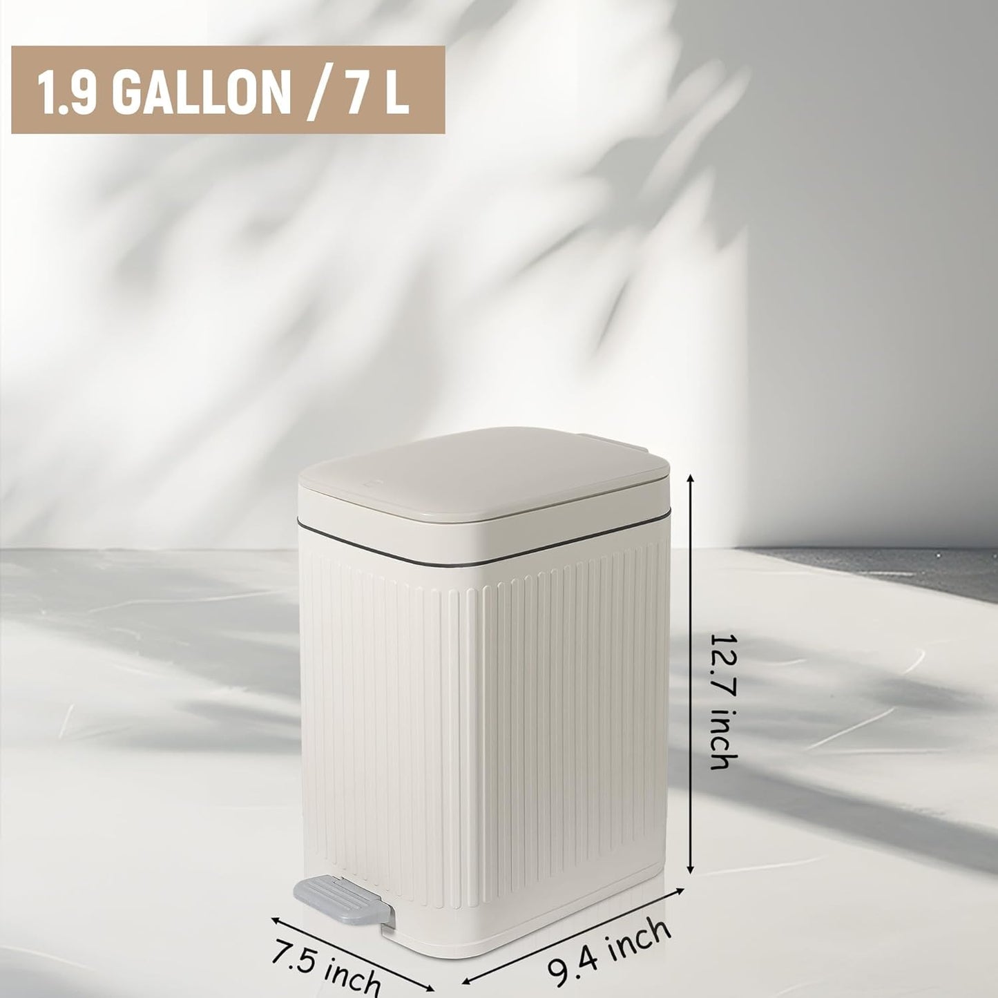 Rejomiik Small Bathroom Trash Can - Slim Soft Close Lid Wastebasket | 1.9 Gallon Cream for Office & Home