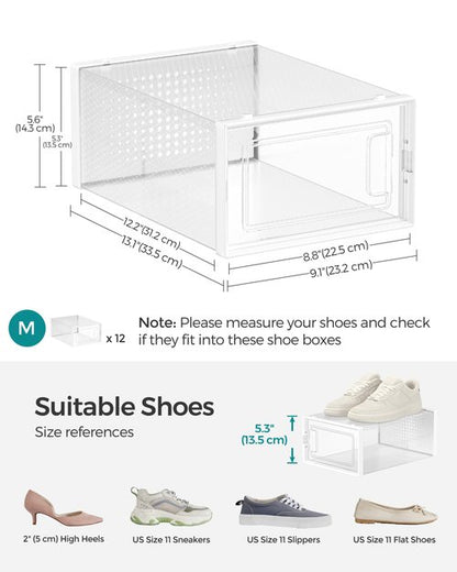 SONGMICS Shoe Boxes, Pack of 12 Shoe Storage Organizers, Stackable Clear Plastic Boxes for Closet, Sneakers, 13.1 x 9.1 x 5.6 Inches, Transparent and White ULSP12SWT