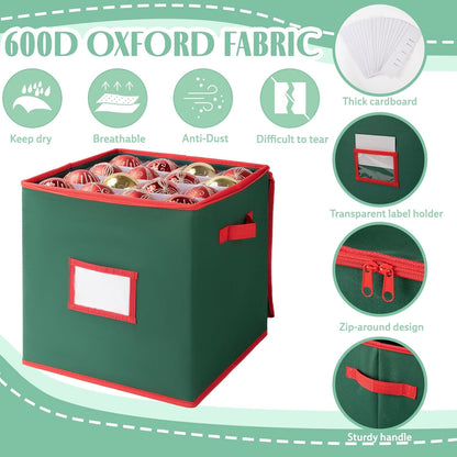 OIAHOMY Ornament Storage Box - 2 Pack Holds 64 Balls Each, Durable 600D Oxford Fabric - Green with Trays