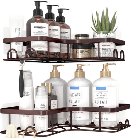 Sakugi Corner Shower Caddy - Rustproof Stainless Steel Organizers with 8 Hooks | No Drilling, Space-Saving, Brown, 2 Pack