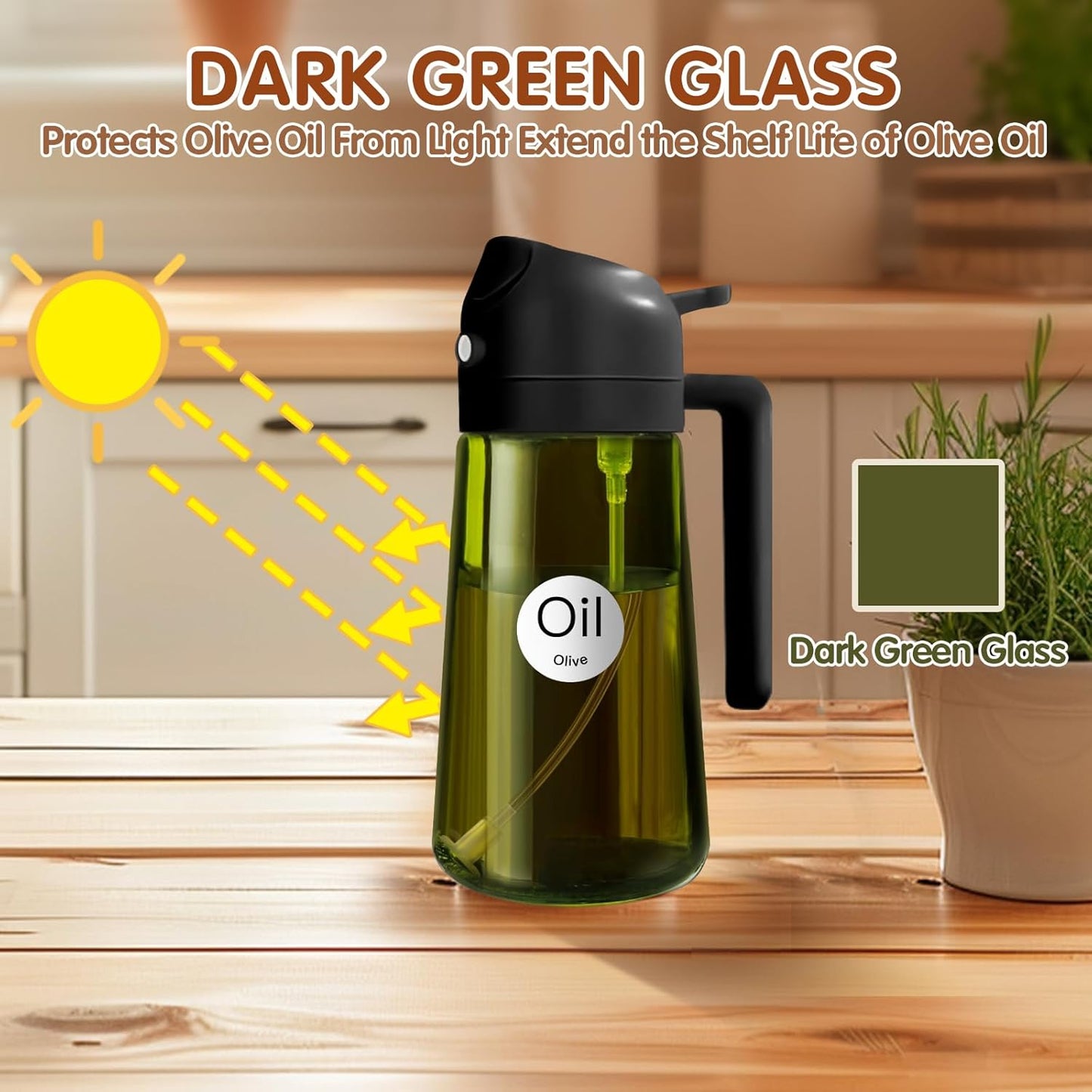 YARRAMATE Olive Oil Dispenser - 2PCS 16oz Light Blockage Dark Sprayer | Food-Grade Green Glass Bottles