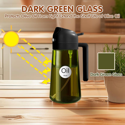 YARRAMATE Olive Oil Dispenser - 2PCS 16oz Light Blockage Dark Sprayer | Food-Grade Green Glass Bottles