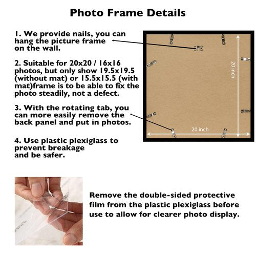 JCJMY 20x20 Picture Frame Black with 16x16 Mat, Display Photo 16x16 with Mat or 20 x 20 Without Mat, Wall Hanging Large 20x20 Poster Frame with Shatter Resistant Plexiglass, Black