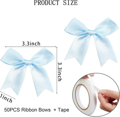 Skiennix Premium Satin Ribbon Bows - 50 Pack 3.3 Inch Gift Wrap Bows for Holiday & Party Decor | Light Blue