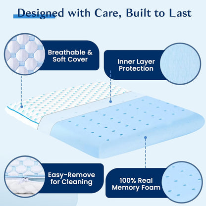 Skiennix Ultra Thin Cooling Gel Pillow - Perfect for Stomach & Back Sleepers | 2.75-Inch Memory Foam for Neck Pain Relief