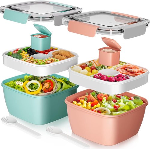 Cherrysea Salad Lunch Box - 2-Pack Leak-Proof Bowls with 3 Compartments & Fork | Green & Pink