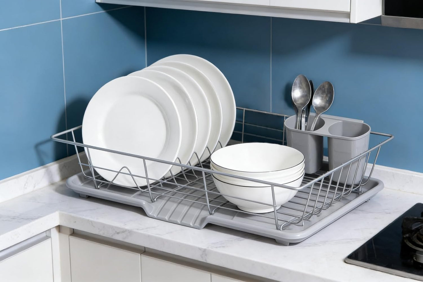 Skiennix Dish Drying Rack - Stainless Steel Kitchen Organizer with Cutlery Holder | 12''W x 15.5''L, Silver