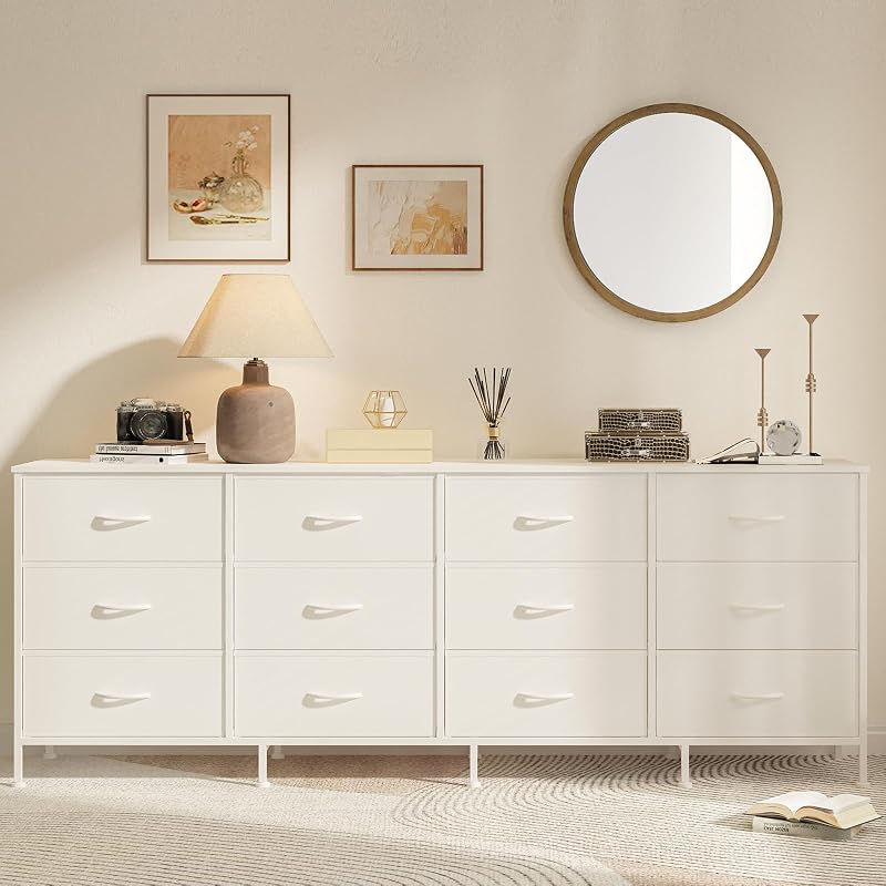 12-Drawer Long Fabric Dresser Wide Storage Chest TV Stand - White