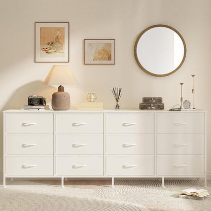 12-Drawer Long Fabric Dresser Wide Storage Chest TV Stand - White