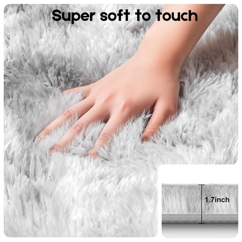 Mhyup 3x5 Tie-Dyed Grey Rugs for Bedroom Living Room, Fluffy Small Area Rug Soft Shag Carpet for Kids Boys and Girls Room with 4 Rugs Non-Slip Stickers Dorm Home Decor (3ft x 5ft)