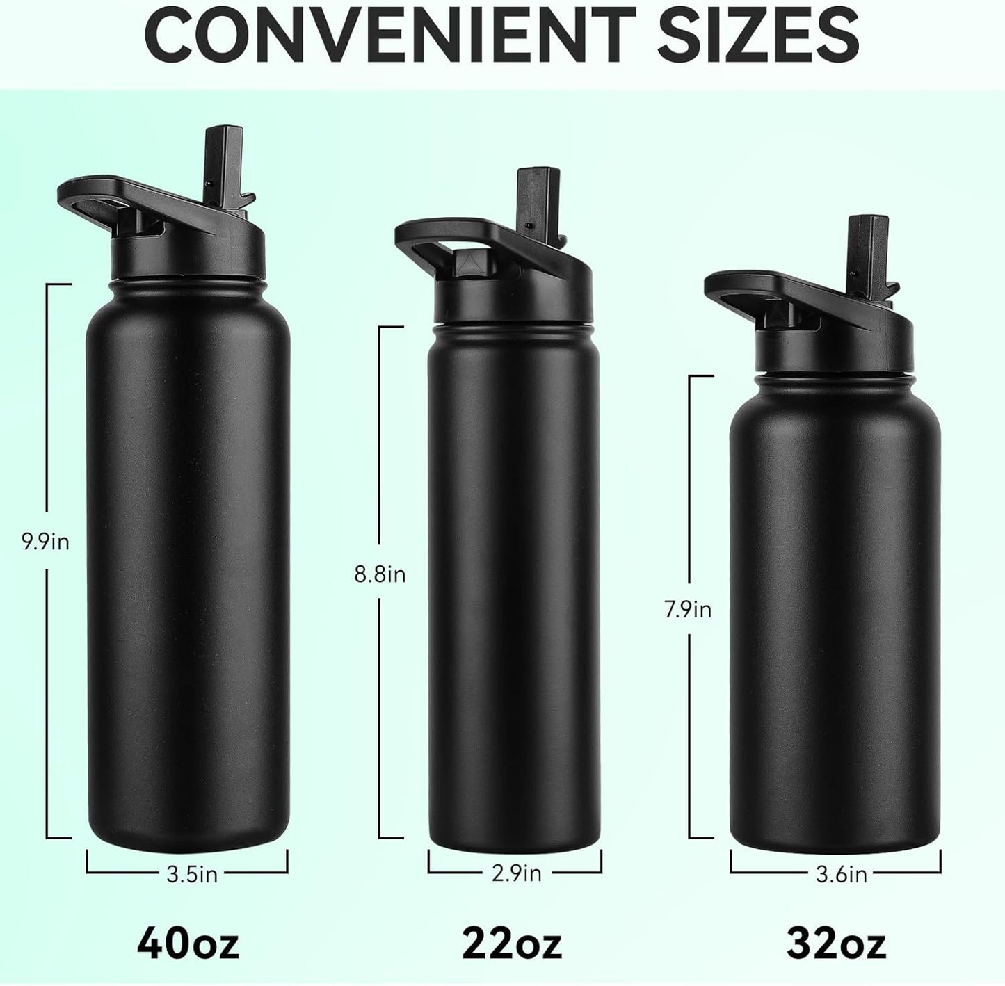 Domicare Insulated Water Bottle - 22 oz Stainless Steel Vacuum Bottle with Straw & Spout Lid | Leakproof Black