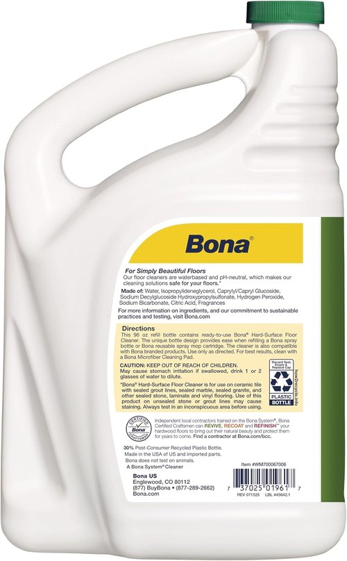 Bona Multi-Surface Floor Cleaner Refill - 96 Fl Oz - Lemon Mint | Residue-Free Solution for Stone, Tile, Laminate & Vinyl Floors