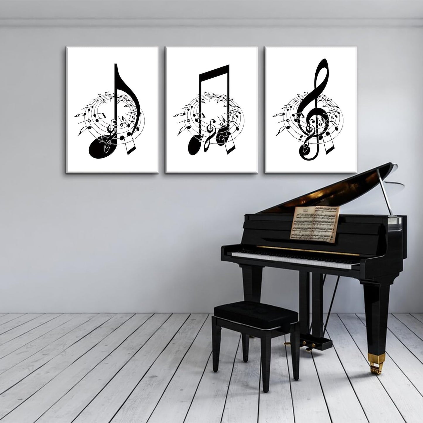 Skiennix Framed Music Notes Wall Art - Stylish Black & White Canvas Prints for Music Rooms | 12x16 in (Set of 3)
