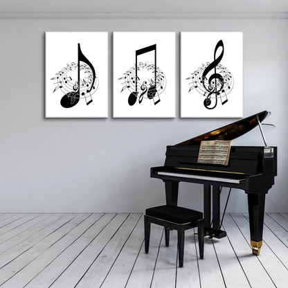 Skiennix Framed Music Notes Wall Art - Stylish Black & White Canvas Prints for Music Rooms | 12x16 in (Set of 3)