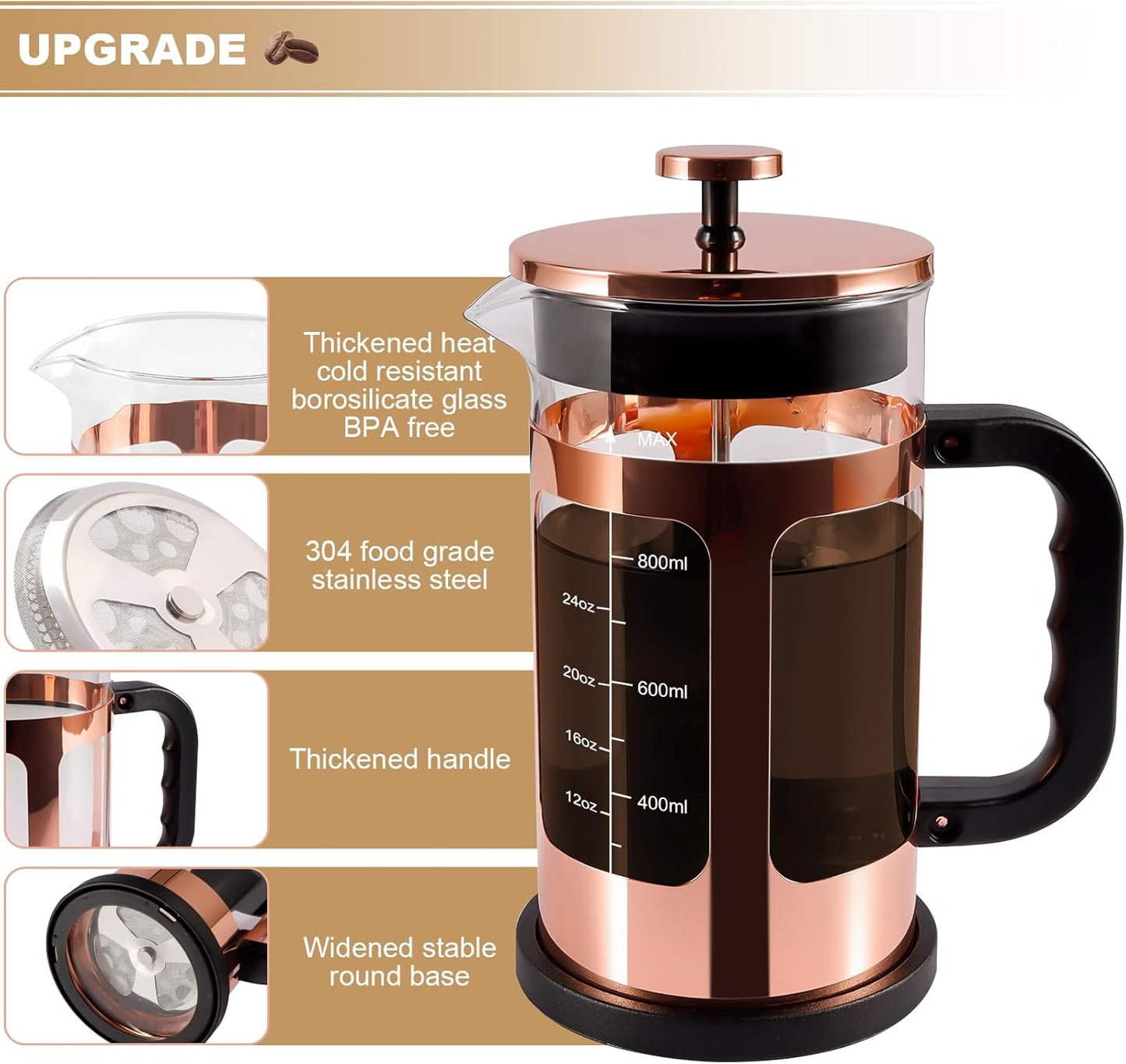 Skiennix French Press Coffee & Tea Maker - 1000ml Heat-Resistant Glass with 4-Level Filtration, Rose Gold