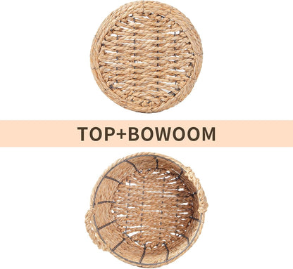 Round Wicker Storage Basket - Large Water Hyacinth Bin with Handles | 12'' x 7''