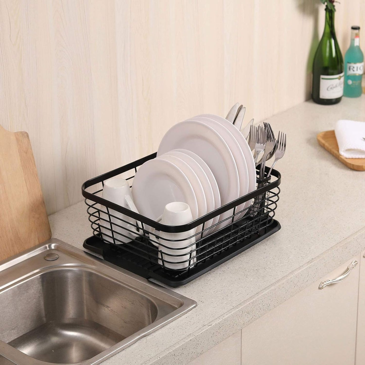 TQVAI Kitchen Dish Drainer Rack - Includes Drying Board & Full-Mesh Utensils Holder | Black Finish