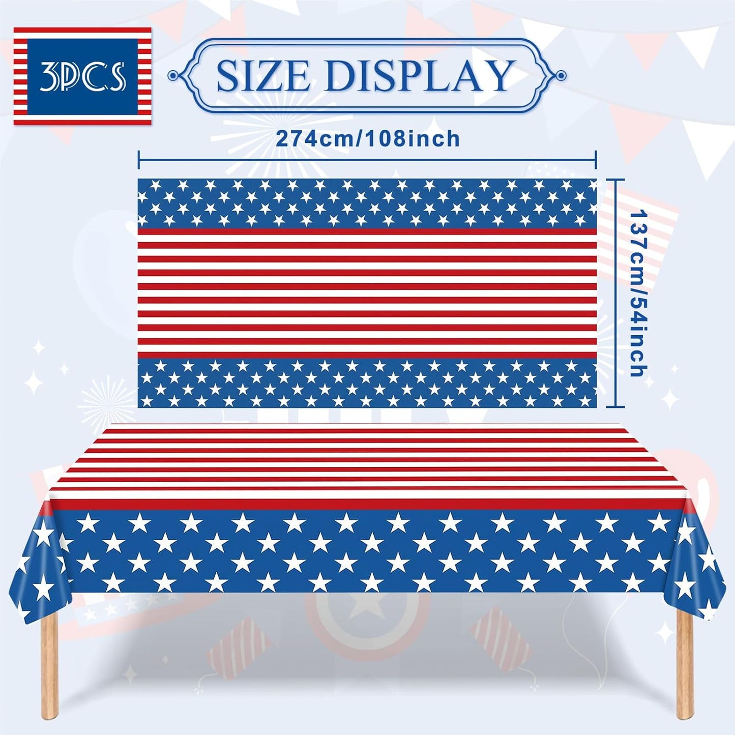 Patriotic Plastic Tablecloth by [Brand Name] - 3-Piece American Flag Design | 54 x 108 Inch Disposable Rectangle for 4th of July & Memorial Day