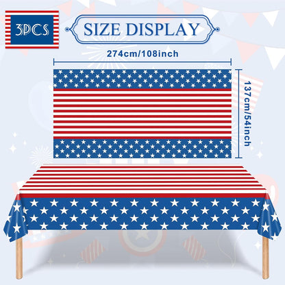 Patriotic Plastic Tablecloth by [Brand Name] - 3-Piece American Flag Design | 54 x 108 Inch Disposable Rectangle for 4th of July & Memorial Day