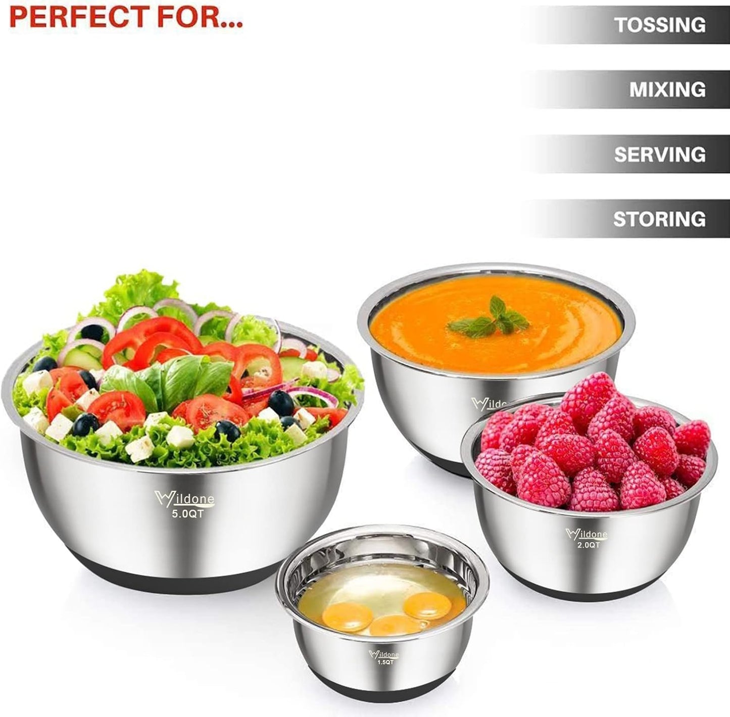 Wildone Mixing Bowls Set - Stainless Steel Nesting Bowls with Airtight Lids & Non-Slip Bottoms | 5 Sizes (1.5 to 8 QT)