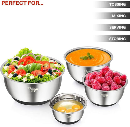 Wildone Mixing Bowls Set - Stainless Steel Nesting Bowls with Airtight Lids & Non-Slip Bottoms | 5 Sizes (1.5 to 8 QT)