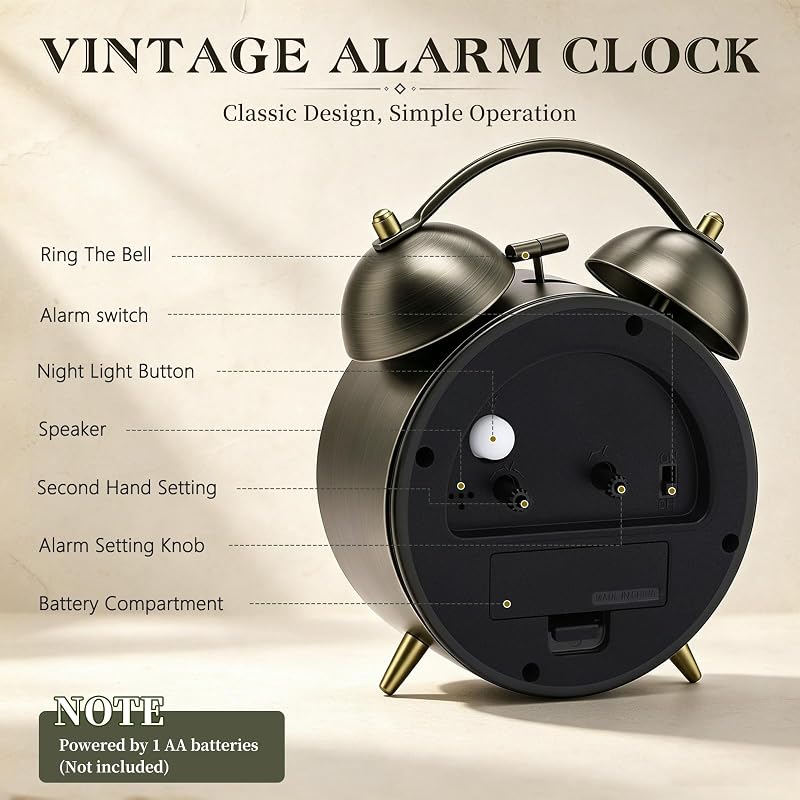 4.5-Inch Loud Analog Alarm Clock for Heavy Sleepers - Battery Operated, Bronze-C