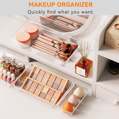 Skiennix Clear Plastic Drawer Organizer Trays - 6 Pack Non-Slip Storage Bins for Kitchen, Makeup & Office