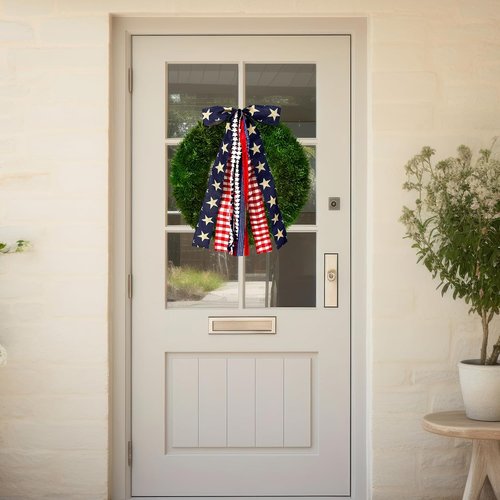 Large Patriotic Star Ribbon Bow by [Brand Name] - Red White Buffalo Plaid Fabric Ribbons Set for 4th of July Decor