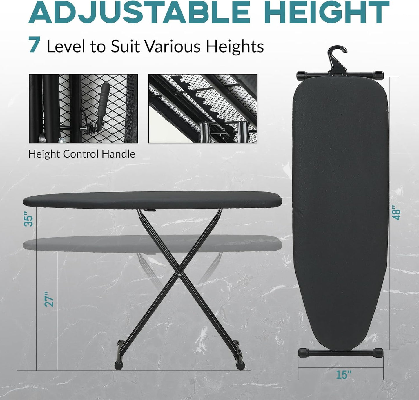 RAINHOL Ironing Board - Heavy Duty 48x15 Full Size with Smart Hanger & Heat-Resistant Pad | Black