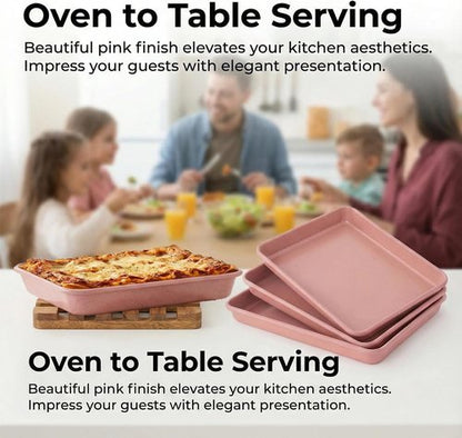 11x9 Non-Stick Baking Pan Set of 3 by [Brand Name] - Pink Rectangular Cake & Brownie Pans for Family Baking