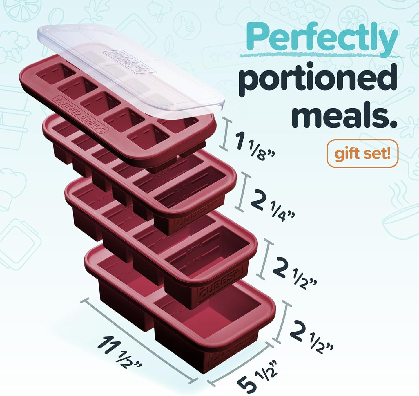 Souper Cubes Silicone Freezer Molds - Meal Prep Gift Set with 2 Tbsp, 1/2, 1, & 2 Cup Trays - Cranberry