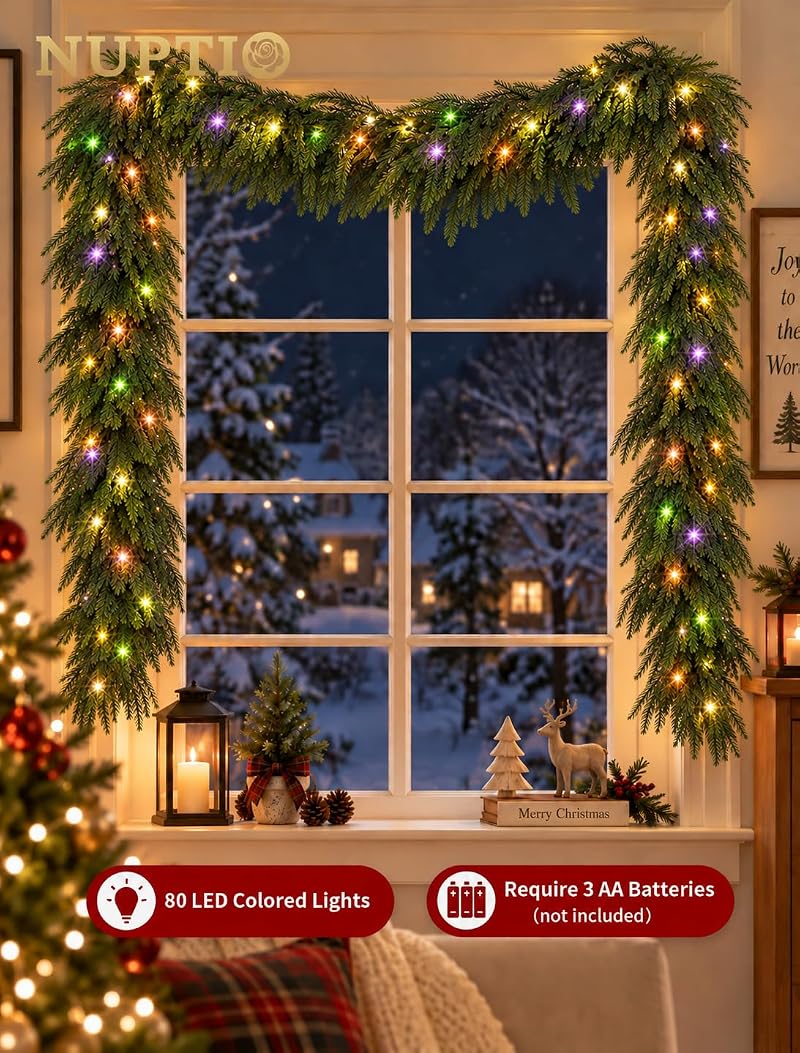 9 Ft Norfolk Pine Garland with 80 LED Lights - Prelit Artificial Greenery, Multi-Function Remote