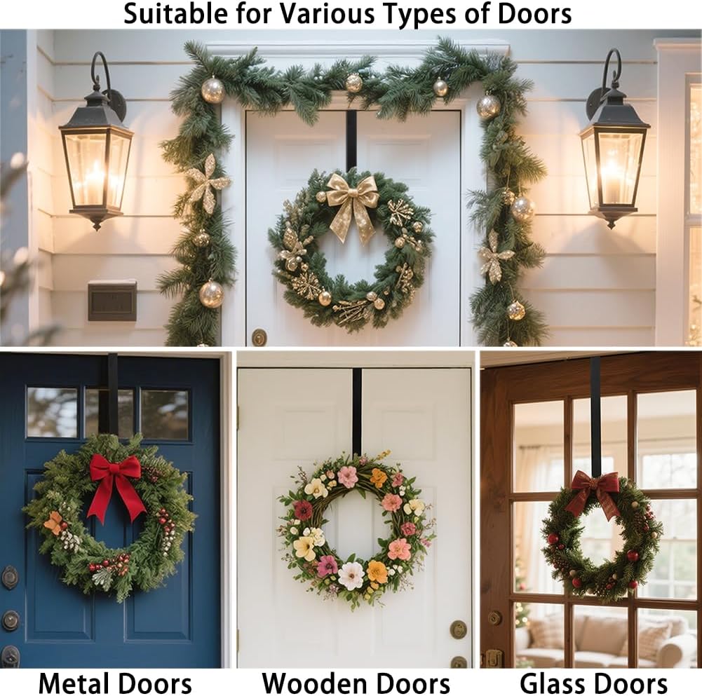 Sattiyrch 15" Wreath Hanger - Sturdy Steel Over The Door Hook for Front Door (Black, 2-Pack)