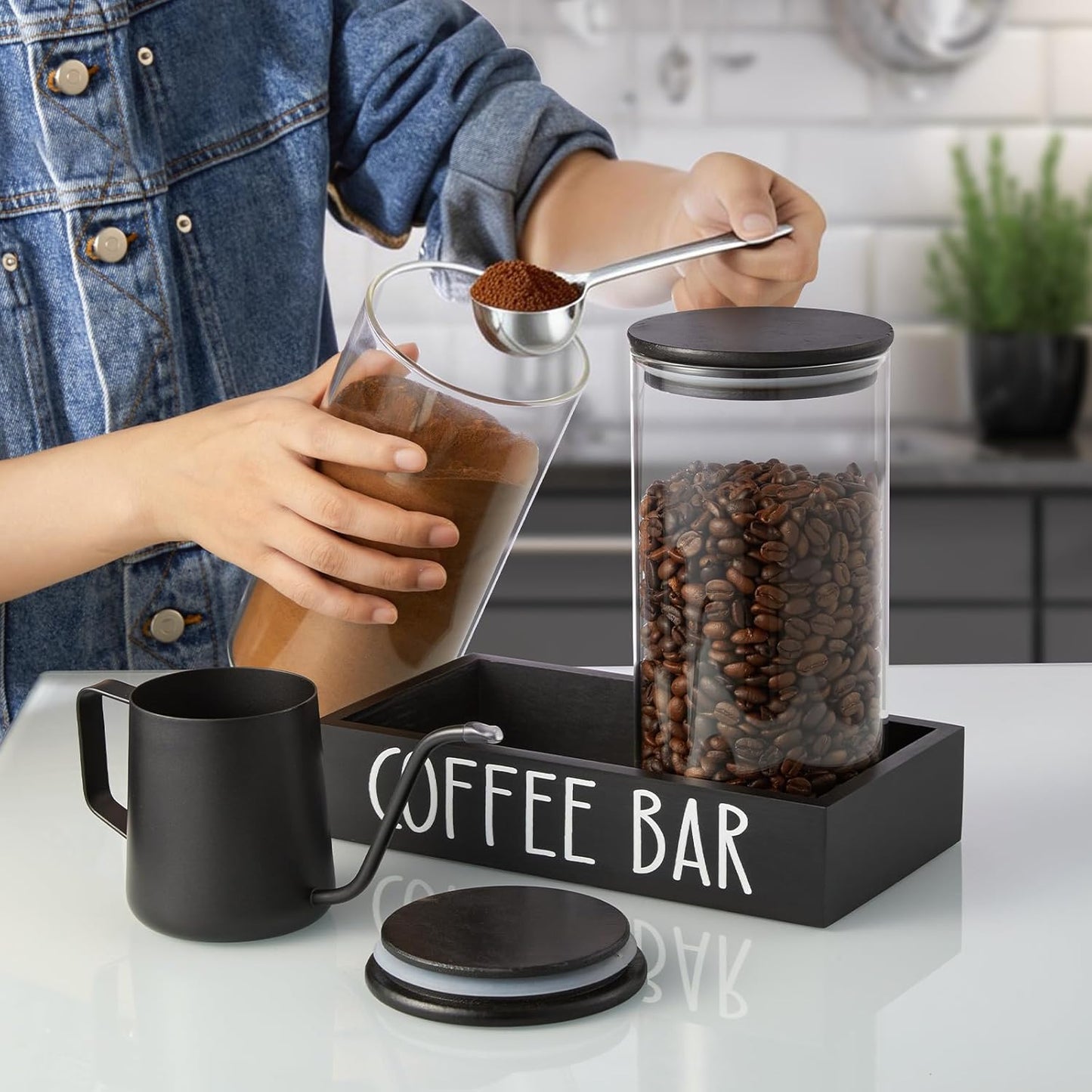 Skiennix Glass Coffee Canister Set - 2Pcs 45oz Airtight Containers with Bamboo Lids & Black Tray | Farmhouse Decor