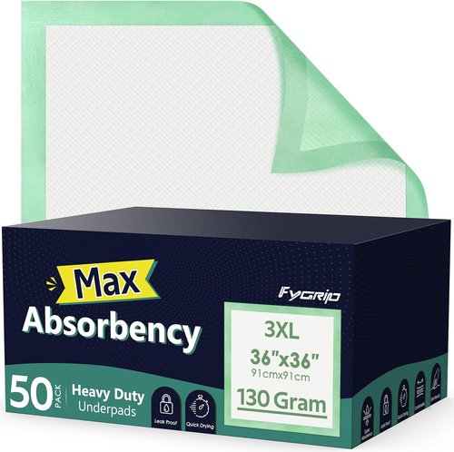 Fygrip Disposable Underpads - Hospital Grade, Max Absorbency, 36” x 36” | 50 Count Leakproof Bed Pads for Adults, Kids, Pets