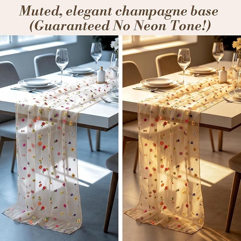 Champagne Floral Embroidered Table Runners 4 Pack 10ft - Boho Daisy Tulle Wedding Décor (Variation: Champagne+Champagne Floral – 4 Pack)