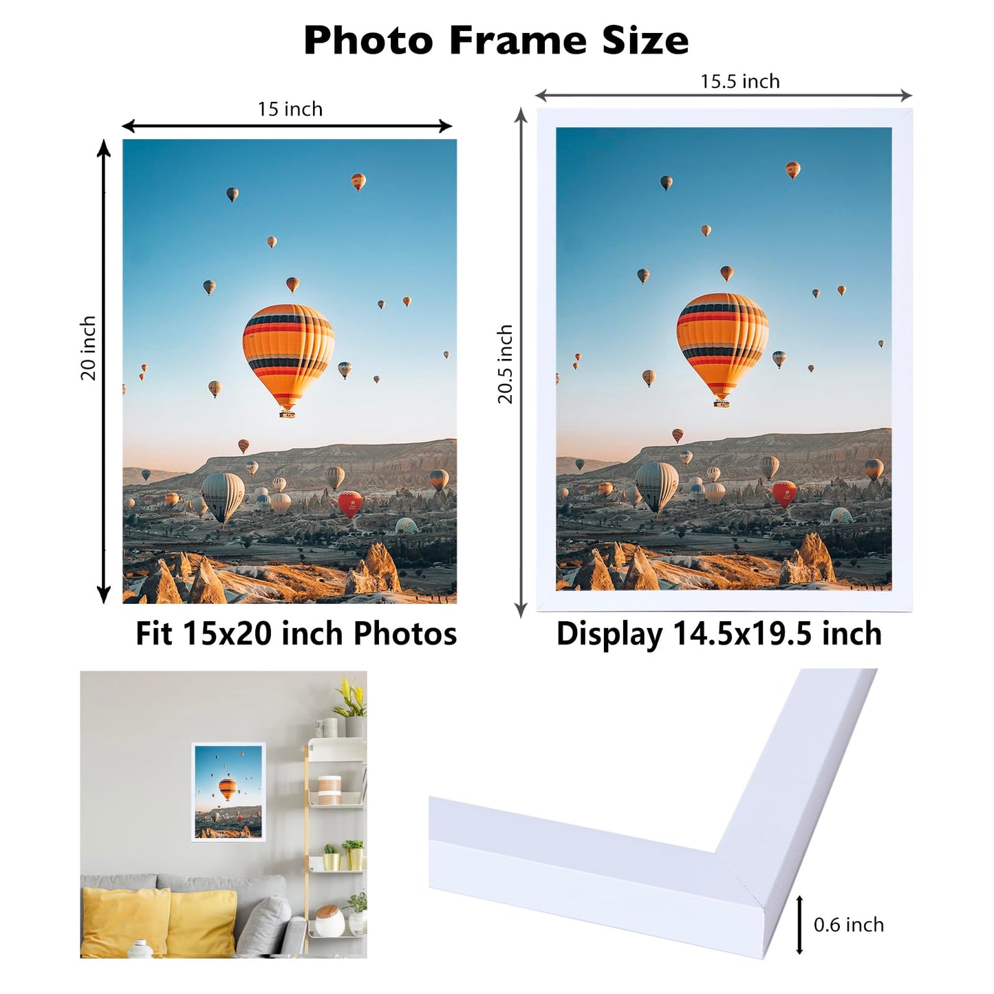 JCJMY 15x20 Picture Frame White for Poster Photo Picture, Horizontal and Vertical Formats for Wall Hanging, 15 x 20 Wall Gallery Poster Photo Frame for 15 by 20 Photos Posters, White