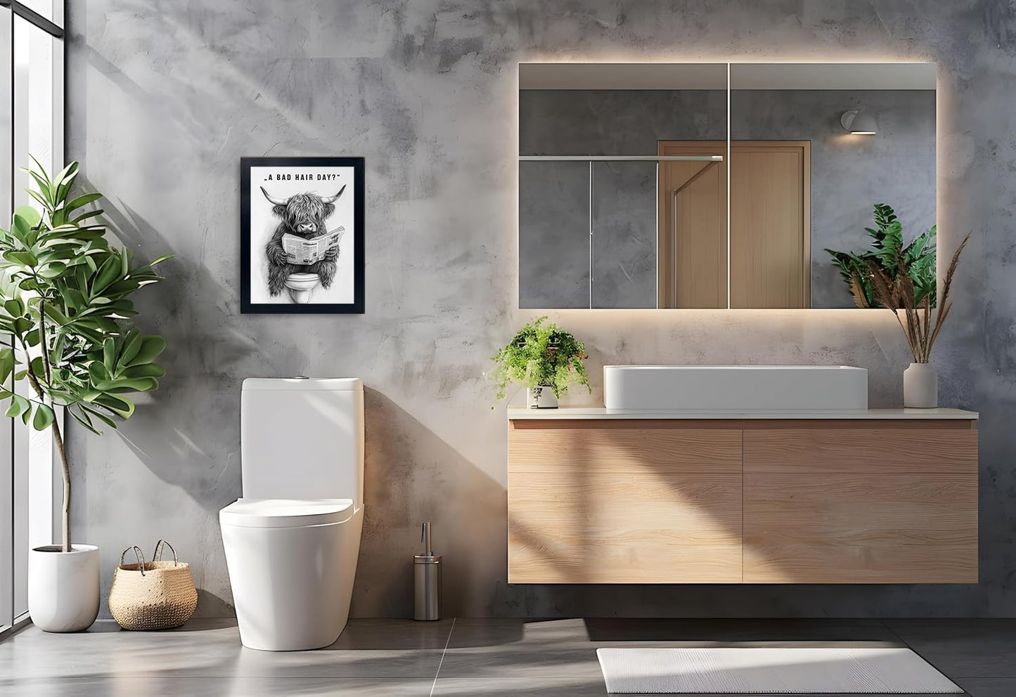Orvannaatr Highland Cow Wall Art - Humorous Sketch of Cow on Toilet | Fun Bathroom Décor