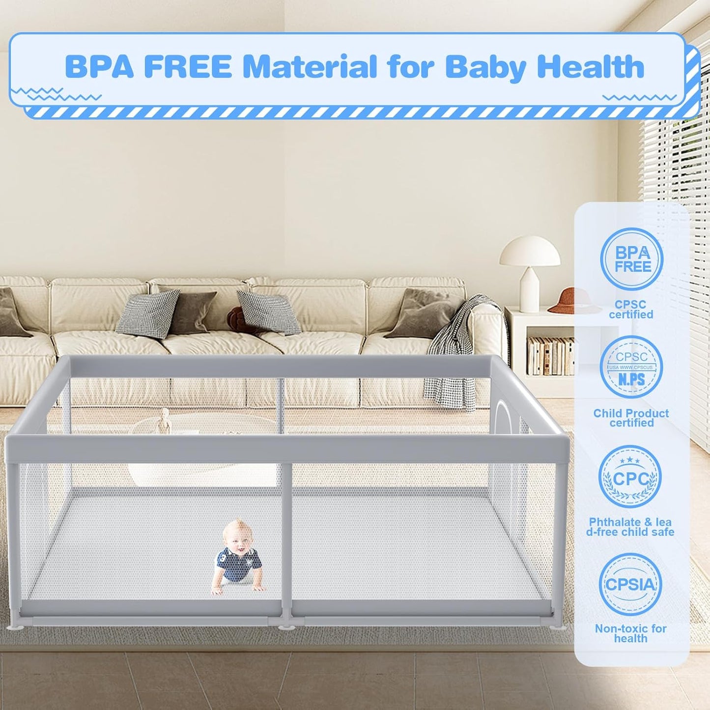XVISHX Baby Playpen - 79 x 79 Inch Indoor & Outdoor Playard with Soft Breathable Mesh - Grey