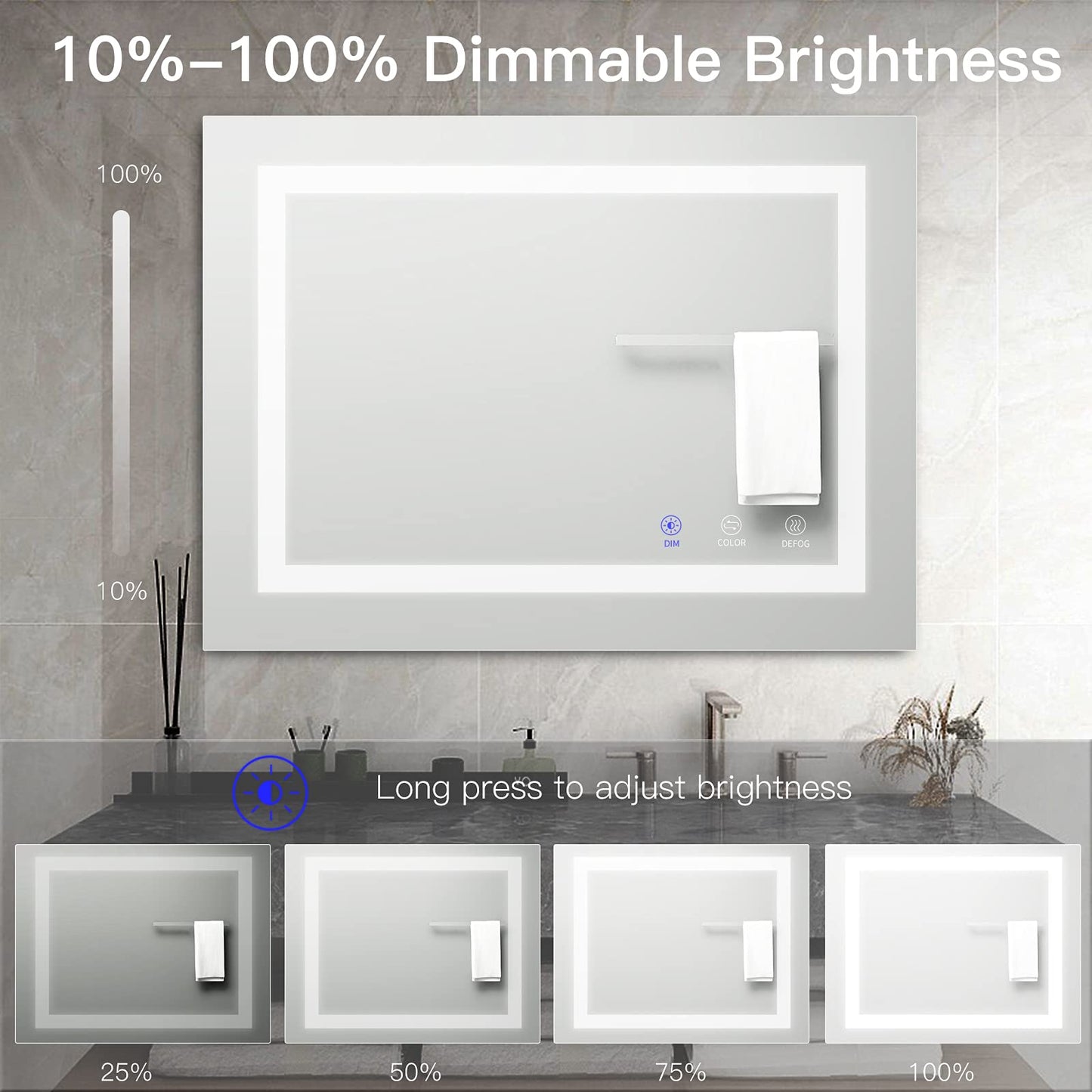 TATU LED Bathroom Mirror, 32x24 Inch Bathroom Vanity Mirror Wall Mounted with 3000K-6000K Adjustable, Anti-Fog, Smart Touch Button, Stepless Dimmable Lighted Makeup Mirror, Horizontal/Vertical